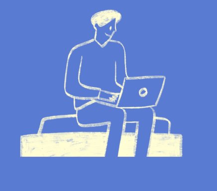 Figure sitting on a stack of books working on a laptop