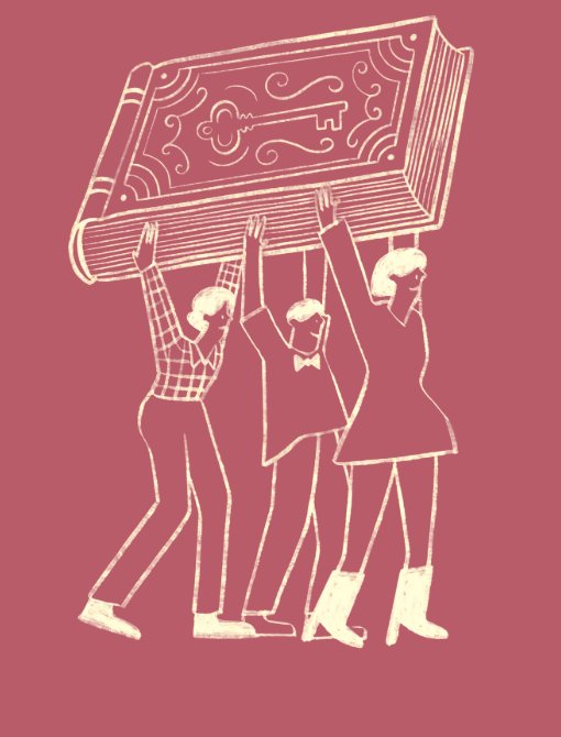 Three figures hoisting a giant ornate book overhead