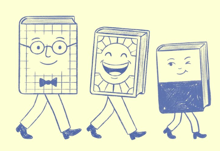 Three smiling book characters with friendly faces, illustrated in blue ink on cream